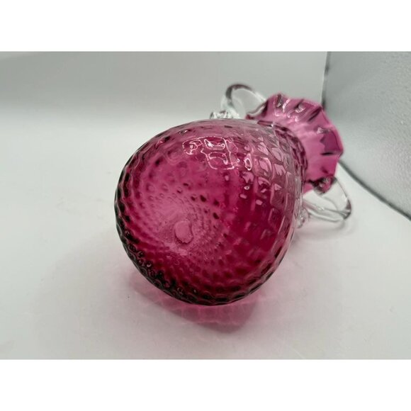 Rossi Art Glass Handblown Cranberry Optic Quilt Glass Double "Handle Vase - Picture 4 of 8